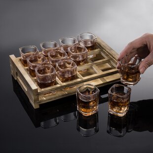 10 Square Shot Glasses, Burnt Wood and Brass Metal Shot Glass Tray Serving  Set