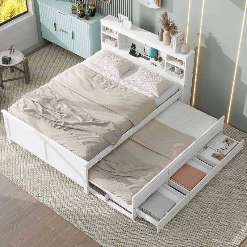 Lit plateforme avec tête de lit, USB, lit gigogne simple et 3 tiroirs, Double, Blanc