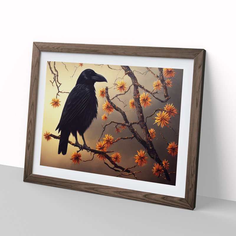 Eye Catching Crow Bird 1 Piece Single Picture Frame Wall Art, 46cm H x 64cm W x 2cm D, Walnut Framed