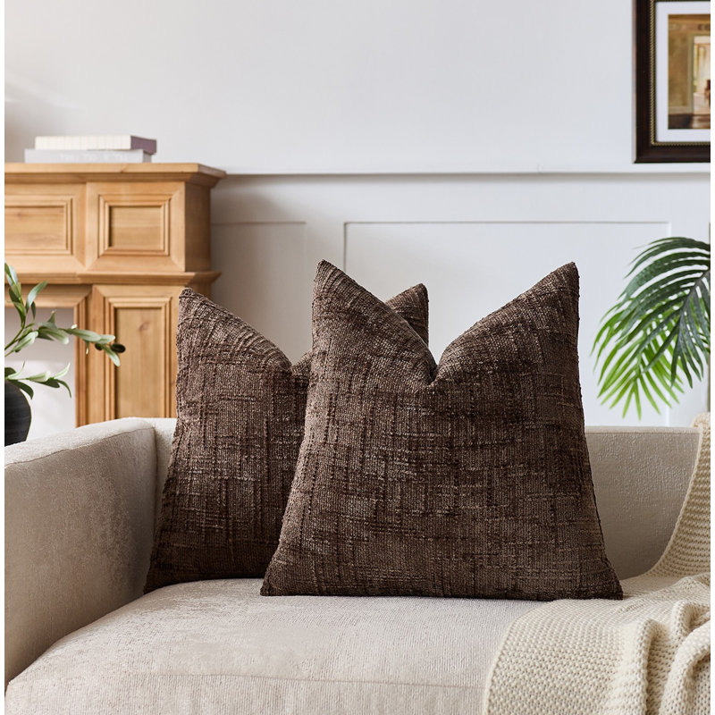 Housses de coussin en chenille texturée, Brun, Carré 18 po