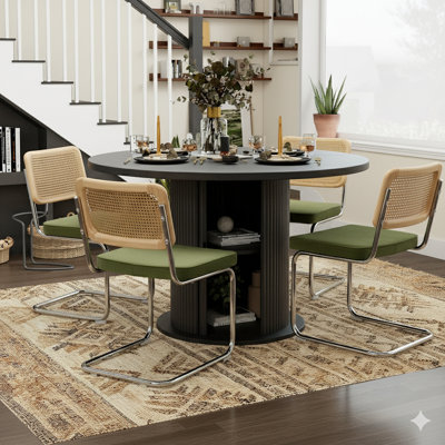 5-piece Round Pedestal Dining Set With Cane Back Cantilever Chairs