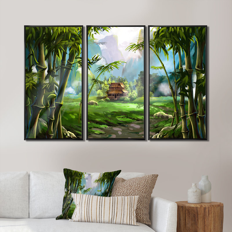 «The House In Bamboo Forest», peinture sur toile 3 pièces, H 32 po x l 48 po, Cadre noir