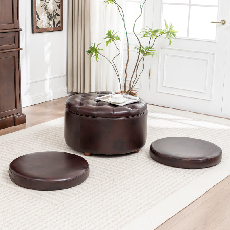27.5‘’ Wide Genuine Leather Storage Ottoman With Two Floor Cushion, Espresso