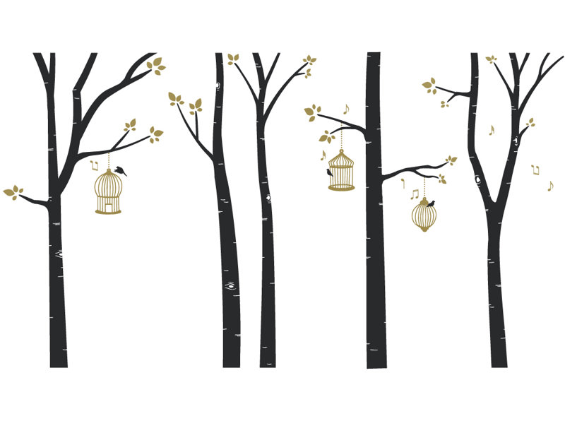 Décalcomanie murale cages d’oiseaux dans les arbres bouleau, Brun / Rouge