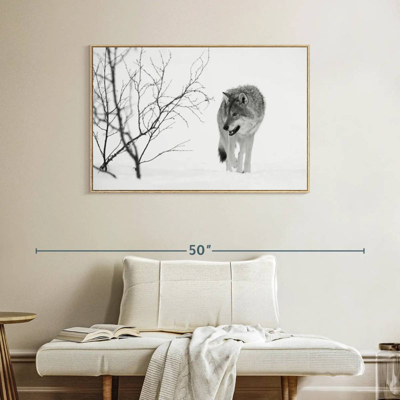 Chasse au loup d'hiver, Cadre flottant en bois naturel, 40 po x 27 po
