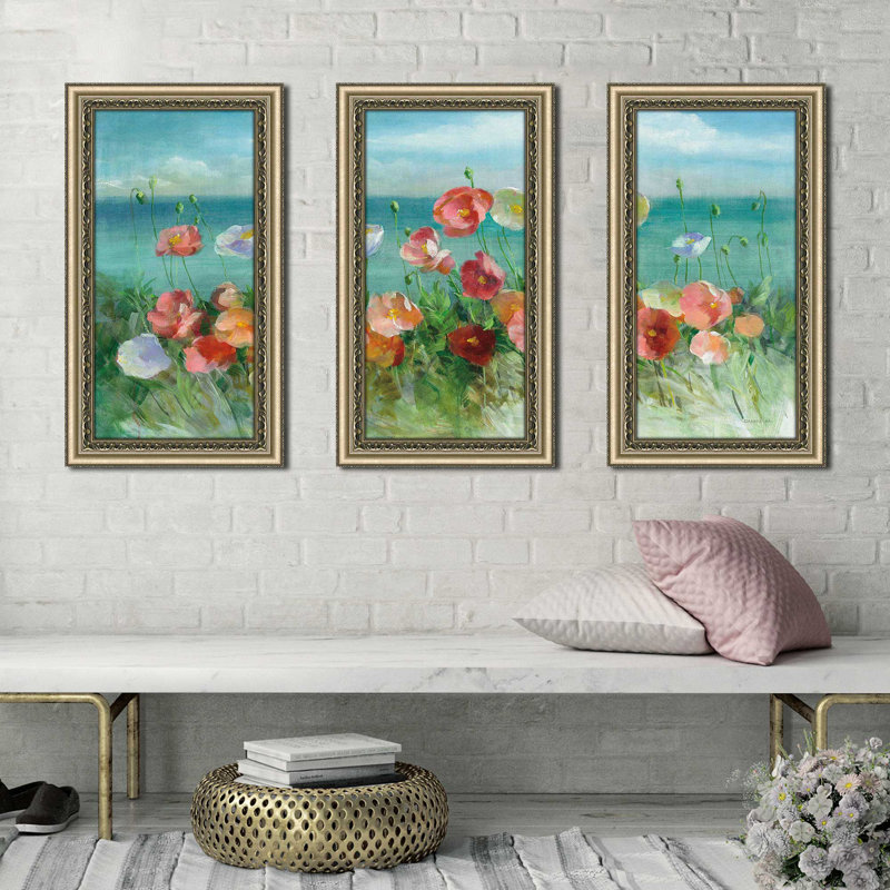 Coquelicots côtiers - peinture sur cadre 3 pièces, H 35,5 po x l 58,5 po x P 0,75 po