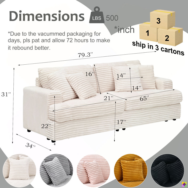 Kustas 79.3"W Corduroy Sofa Couch, Beige