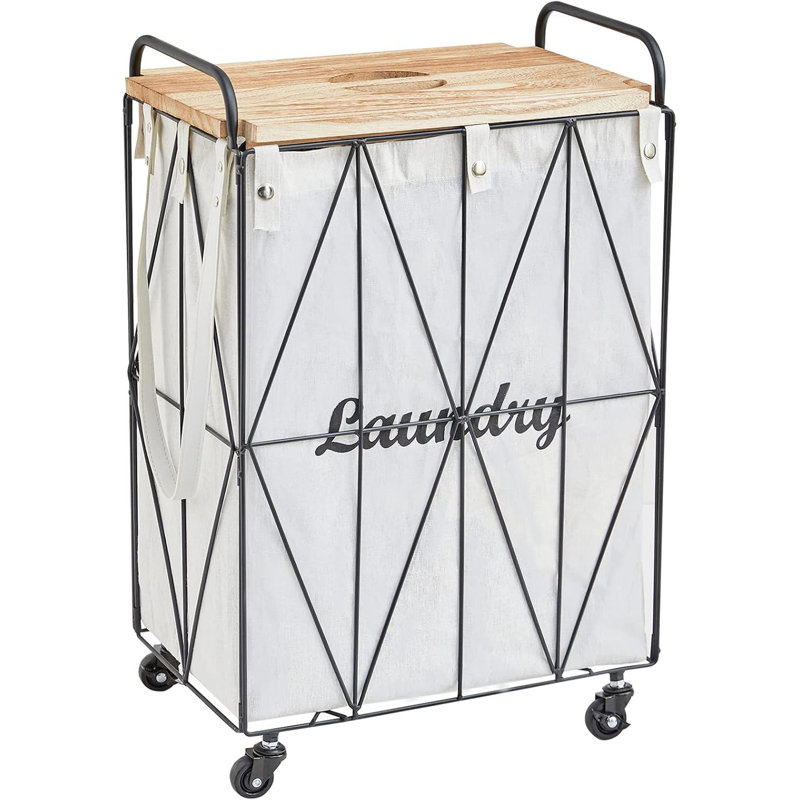 Collapsible Rolling Iron Wire Laundry Hamper, Black