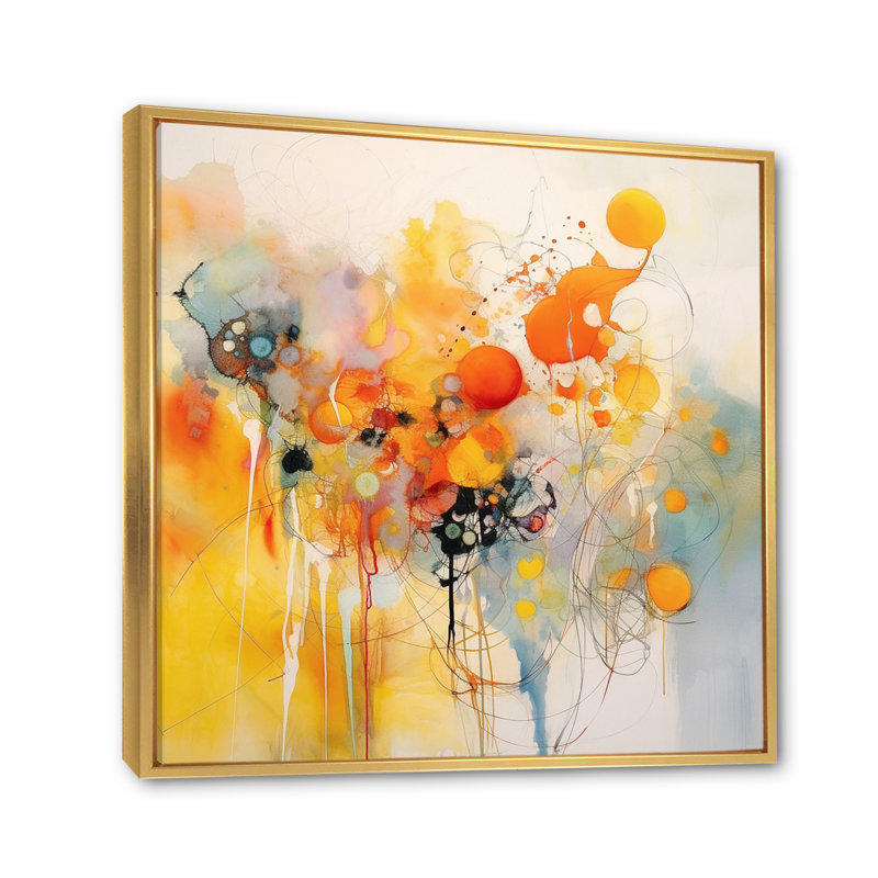 Orange and Yellow Color Whirls III - Abstract Minimalism Canvas Wall Art, Gold Floater Framed, 24" H x 32" W x 1" D