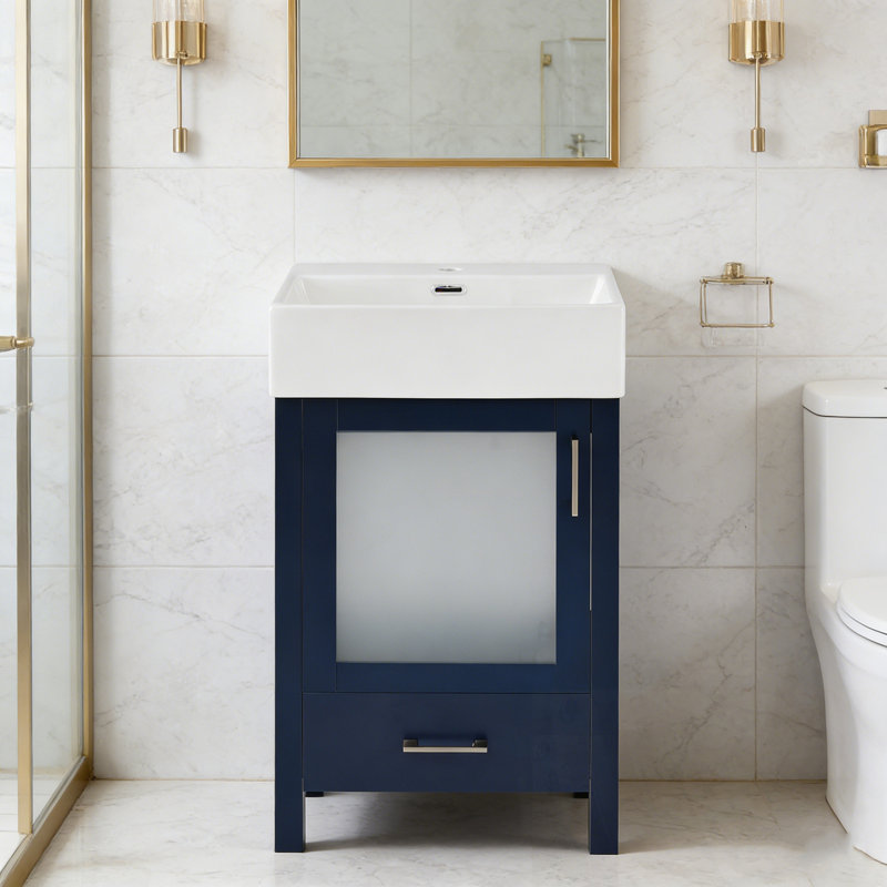 Meuble-lavabo avec lavabo simple, 1 tiroir et 1 porte, Bleu