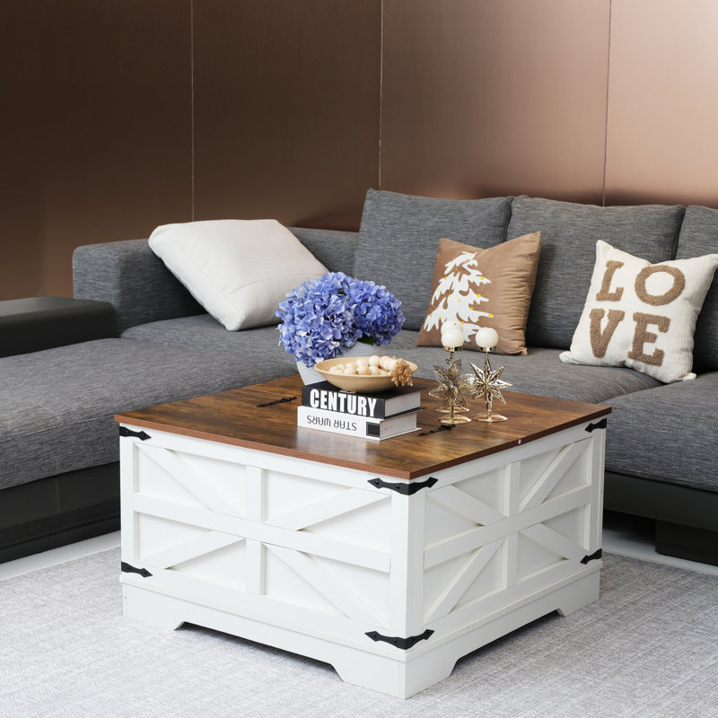 Coffee Table with Storage, Farmhouse Square Storage Coffee Table with Hinged Lift Top, Square Wood Center Table, Cocktail Table with Large Hidden Storage Compartment for Living Room