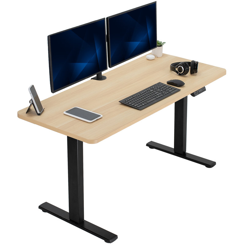 VIVO Single Motor Electric Desk with Push Button Memory Controller, 48.5" H x 60" W x 24" D, Light Wood/Black