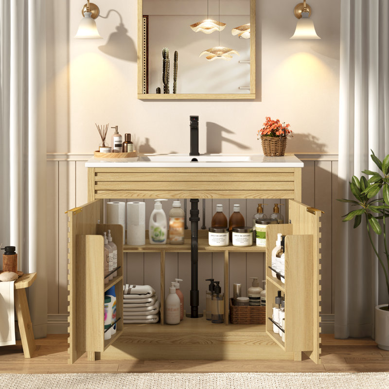 Bathroom Vanity With Sink, Faucet, Door Shelves And Open Side Shelves, Oak, 36"
