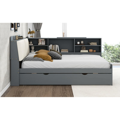 Full Size Gray Wood Platform Bed With Trundle, Rotatable Storage And Upholstered Headboard, Great For Overnight Guests Size, Gray, Bed, Shelved Head, + Pine Structure