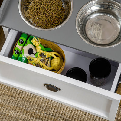 Station d'alimentation pour chien avec tiroir de rangement, armoire de rangement pour nourriture pour chien avec 2 bols surélevés amovibles pour chiens de grande taille, blanc