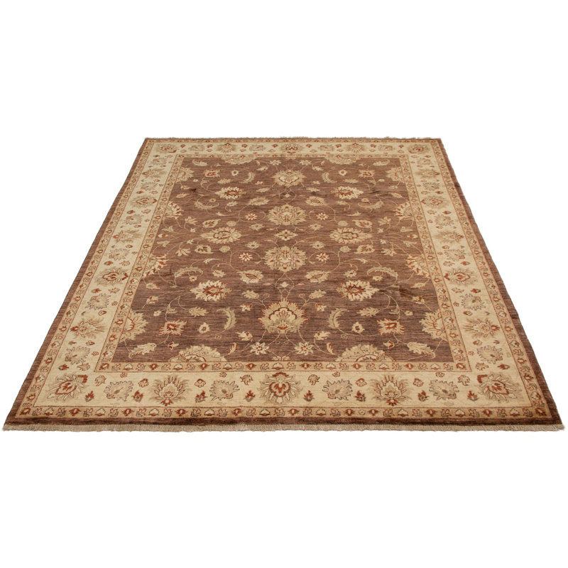 Tapis décoratif brun foncé en laine de conception unique 8 pi 1 po X 9 pi 10 po noué à la main New Age