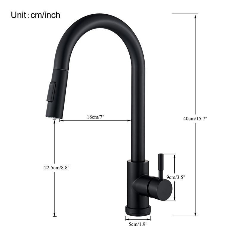 Robinet de cuisine noir mat à capteur tactile avec douchette extractible, robinets de cuisine escamotables à poignée simple