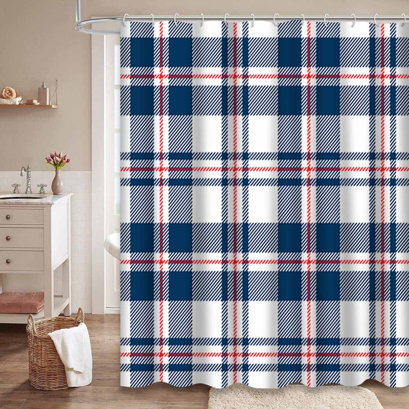 Rideau de douche bleu, rouge, tartan et bleu marine avec 12 crochets, L 72 po x l 72 po
