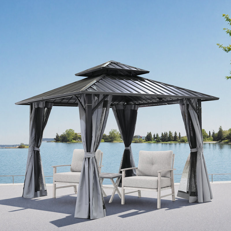 SeeHill Hardtop Gazebo, Outdoor Patio Gazebo, Aluminum Frame Patio Hardtop Gazebos with Netting and Curtain, Outdoor Patio Pergola with Double Steel Roofs for Deck, Lawns, Garden