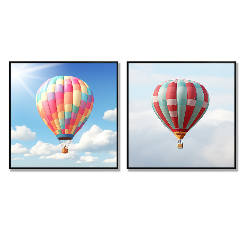 Montgolfière dans le ciel I - ensemble de 2 reproductions d'art montgolfières, Cadre flottant noir