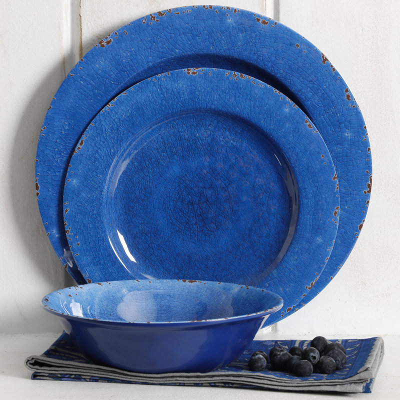 Mauna Blue Crackle Melamine Dinnerware Set, Service for 4