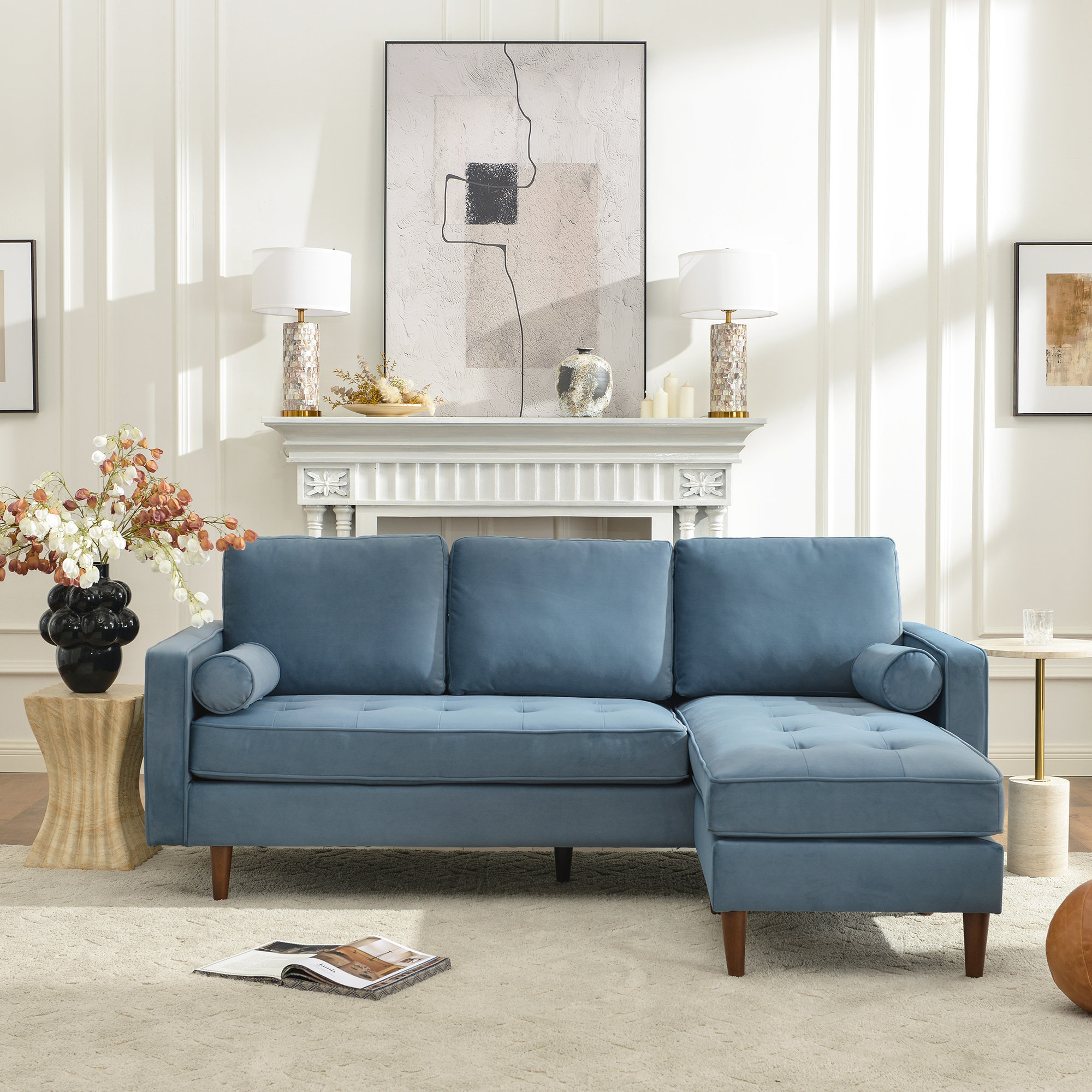 Geo 84" 2-Piece Upholstered Reversible Sectional, Light Blue Velvet