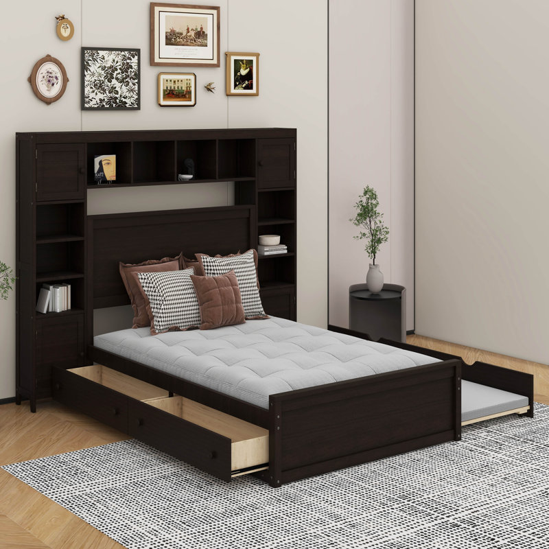 Lit double en bois avec armoire, tablette et prises, Espresso