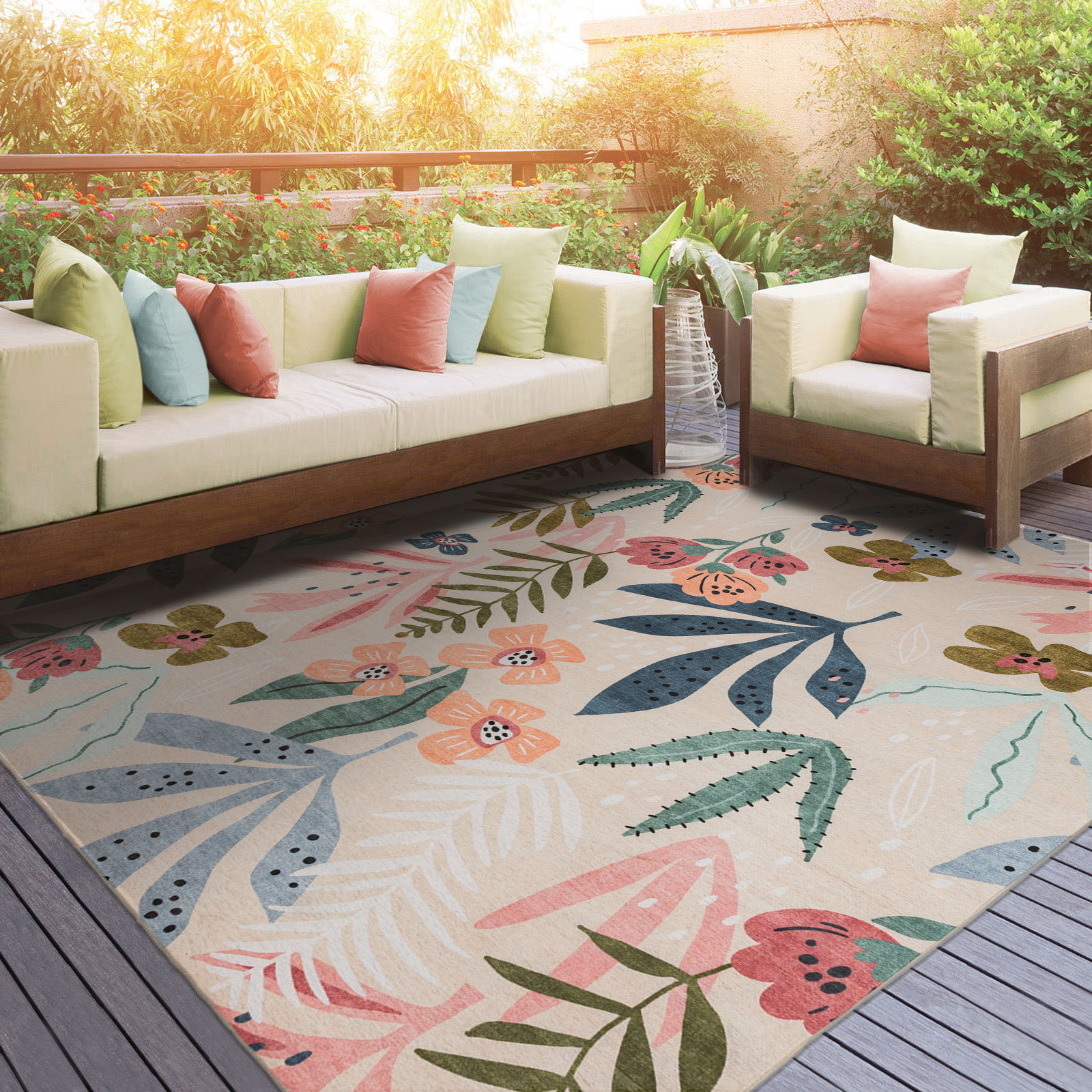 DECOMALL Floral Colorful Design Outdoor Rug Pink/Green/Yellow/Ivory ...