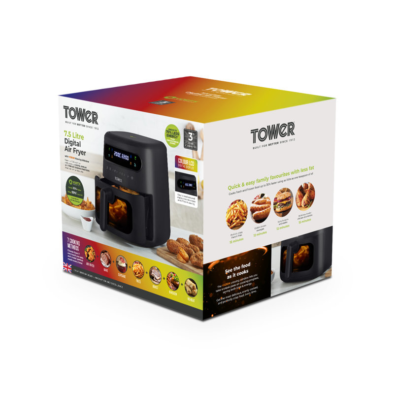 Tower, T17123, Vortx Vizion 7.5L Air Fryer with Colour Digital Display, Digital Control Panel & 7 One-Touch Pre-sets, 1900W, Black