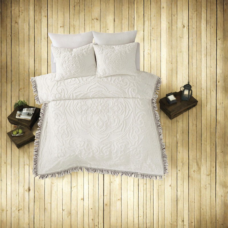 Ensemble de literie en chenille biologique, texture coton, style bohème, confort toutes saisons