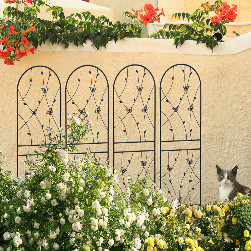 Paquet de 4 treillis de jardin en métal 71 po x 19,7 po antirouille pour plantes grimpantes, support à fleurs extérieur papillon noir