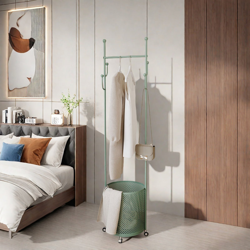 Coat Rack with Deep Basket and Hooks, Green
