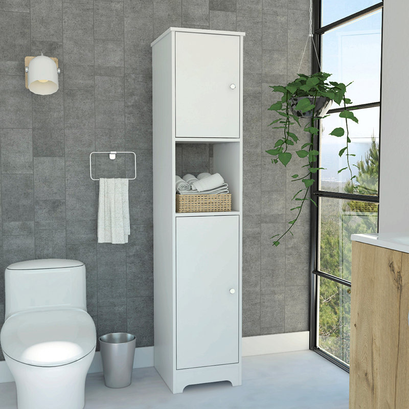 Tall Narrow Bathroom Storage Cabinet, 2 Door Cupboard with Open Middle Compartment -White