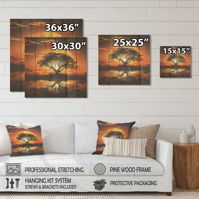 African Safari Tree Sunset Bliss - Arbre sur impression sur bois, H 36 po x l 36 po
