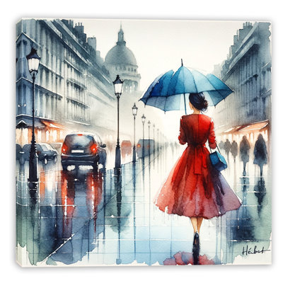 City Stroll in the Rain Wrapped Canvas Wall Art