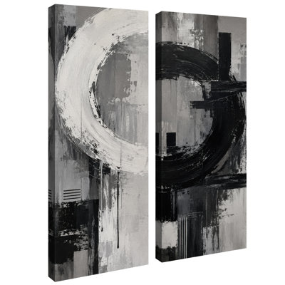 Ensemble de 2 impressions sur toile à motifs circulaires abstraits noirs et gris, 81 x 30 cm (32 x 12 pouces).