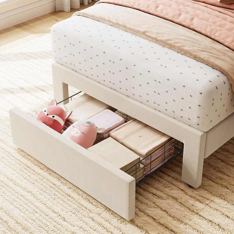 Structure de lit simple avec tiroir sous le lit, Beige