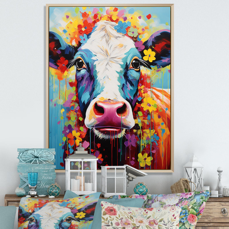 Vache fantaisie - art mural, H 20 po x l 12 po x P 1 po, Cadre flottant en érable