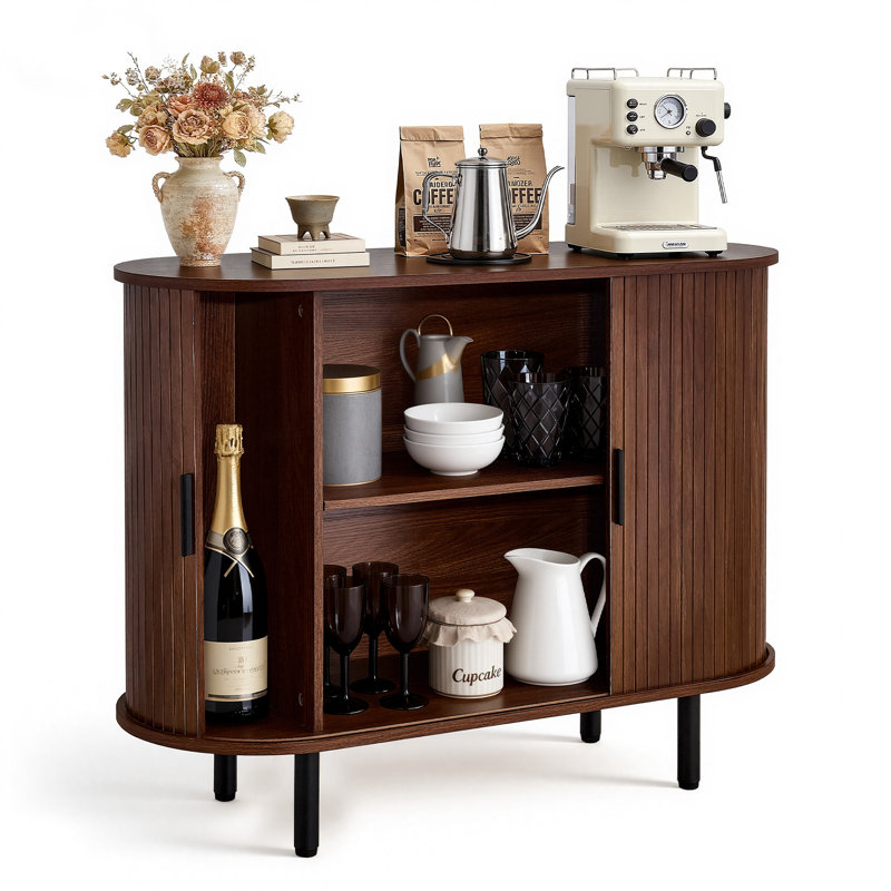 Coffee Bar Cabinet, Mid Century Fluted Coffee Bar Table, Buffet Stand Cabinet with 2 Sliding Doors, Sideboard Buffet Station for Living Room, Entryway, Kitchen, 39.3 x 15.7 x 29.5 in, Walnut