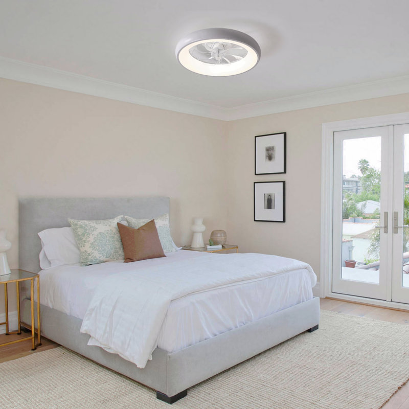 19" Matte White Bedroom Fan Light With Remote Control, Dimmable, 7 Blades, Reversible Dc Motor, With Led Light, White