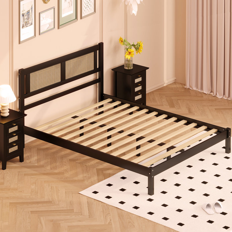 Wooden Platform Bed with Natural Rattan Headboard,Elegance with Minimalist Charm for Bedroom, Full, Black