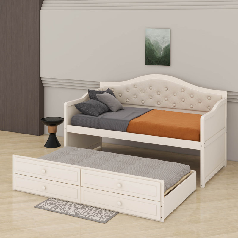 Lit de jour simple avec lit gigogne et 2 tiroirs de rangement, Beige