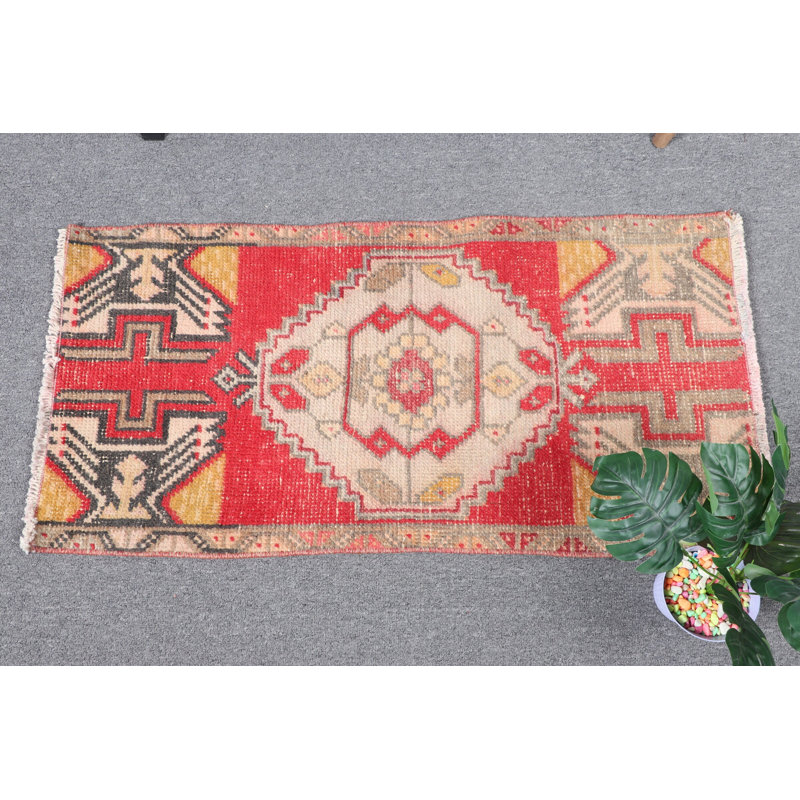 Small Red Turkish Oushak Vintage Wool Rug Ideal For Entry Or As Decorative Bath Mat With Boho Style