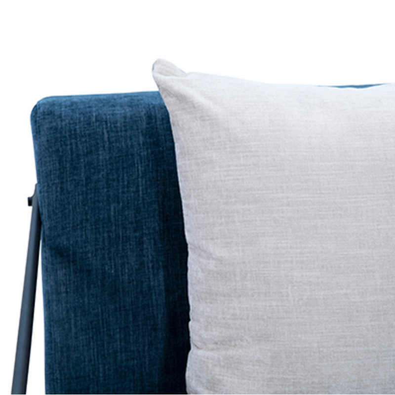 Sevilla Denim Linen Upholstered Chair Black Iron Frame and Sky Blue Throw Pillow