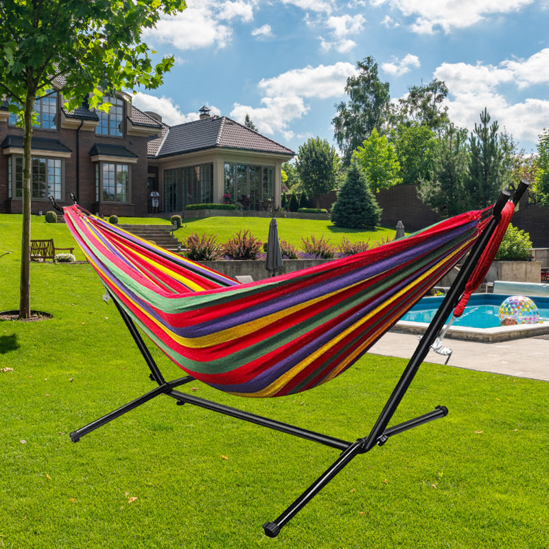 Hamac double classique avec support Hizer, Rouge/bleu/orange