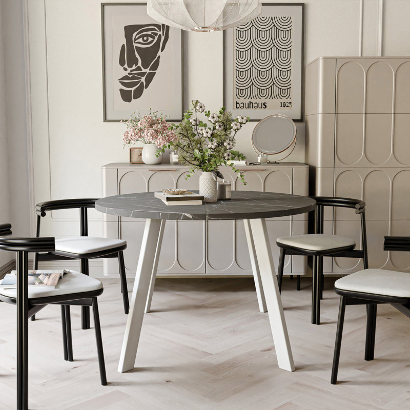 Extendable Round Dining Table, White, Grigia Pietra