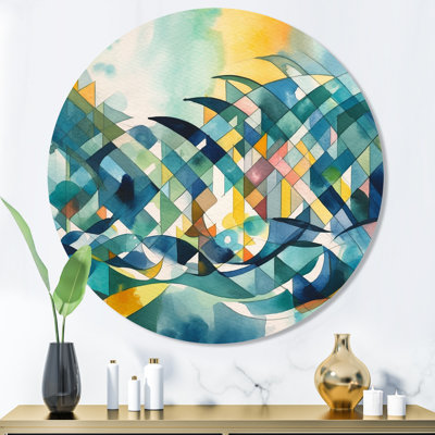 «Blue and orange», art mural rond abstrait géométrique sur métal