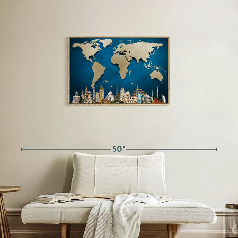 Ocean Blue World Map, Floating Frame Natural Wood, 31" X 21"