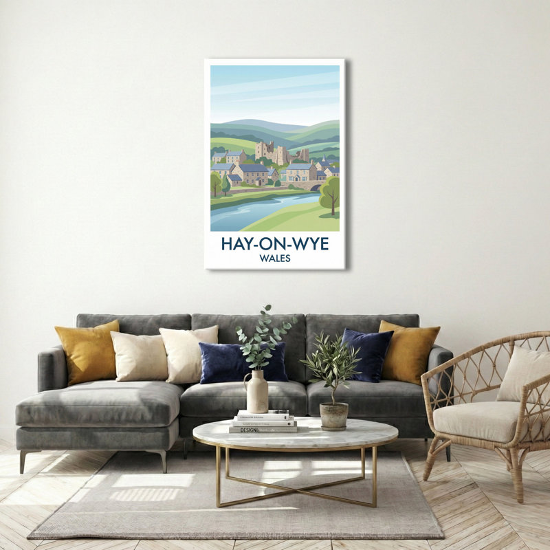 Hay-on-Wye, Wales - Romantic Book Town by the Wye | Travel Poster of Castle, River and Hills. Giclee Print on Wrapped Canvas. Wall Art, Home Decor - Cities & Towns, Wales 1 Piece Wrapped Canvas Wall Art