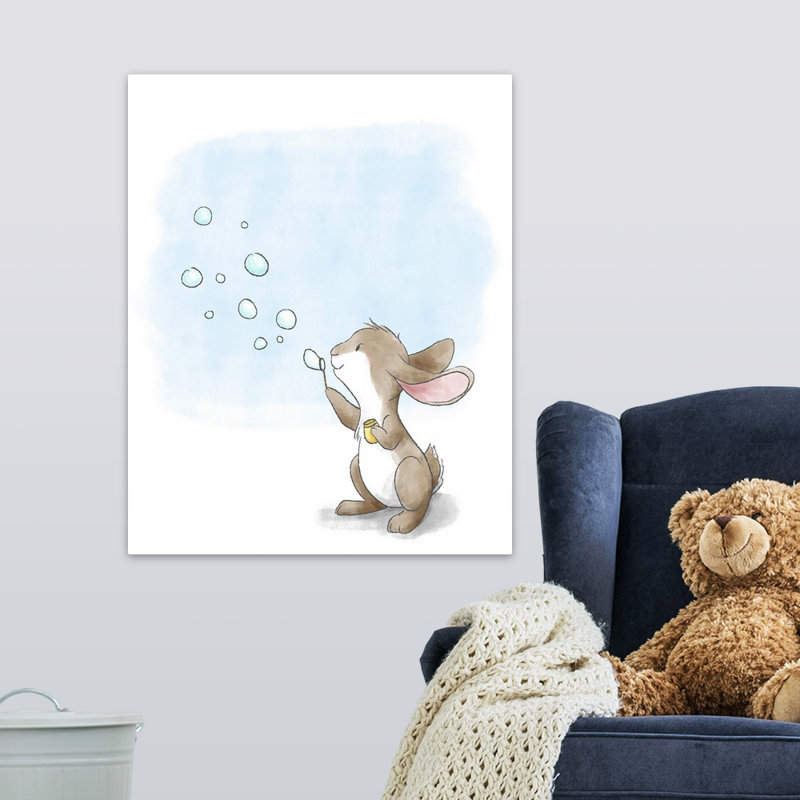 'Little Bunny Blowing Bubbles' Graphic Art Print, 30" H x 25" W x 1.5" D, Canvas